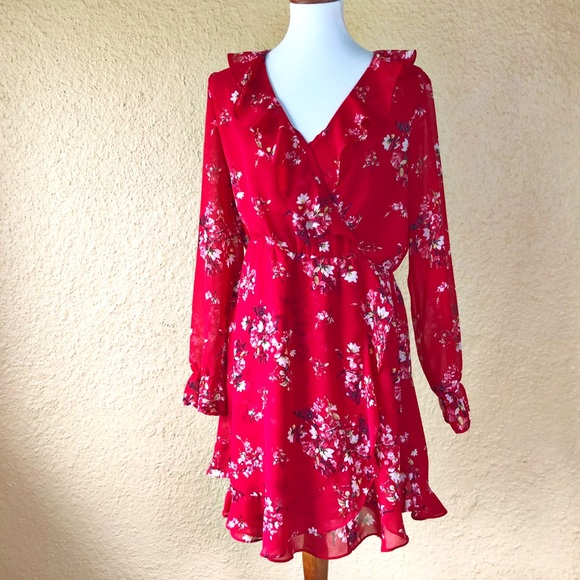 h&m red floral wrap dress